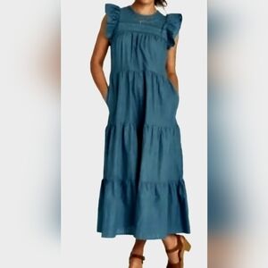 Universal Thread Blue  100% Cotton Maxi Dress XL With Pockets EUC
